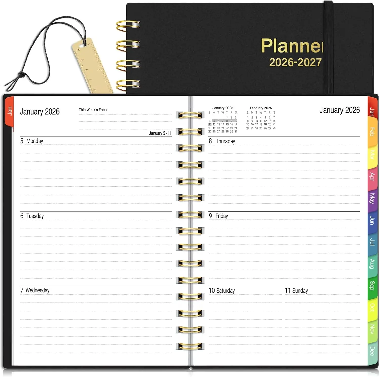 A5 2026-2027 18-Month Daily Planner - Planning Journal, January 2026-June 2027 Weekly & Monthly Agenda, 100GSM Thick Paper, Twin-Wire Binding, 180° Flat & Smooth Page Turning, Tabs, Black Business Office Organizer for Achieving Greater Goals