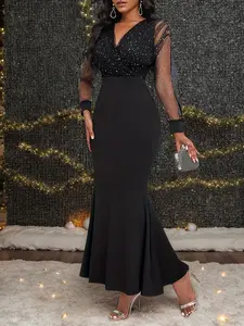 Elegant V-Neck Midi Dress, Sexy Bodycon Fish Tail Skirt, Long Sleeve Fitted Party Gown, Clubwear for Women, Cocktail Dance Evening Wear, Formal Wear