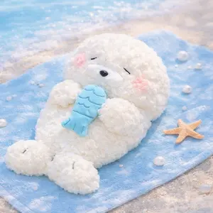 Cute Fish-Holding Seal Plush Doll, with Blush & Blue Fish Design, Fluffy Soft Material, Perfect Ocean Theme Decor for Bedroom & Desktop, Soft Stuffed Animals
