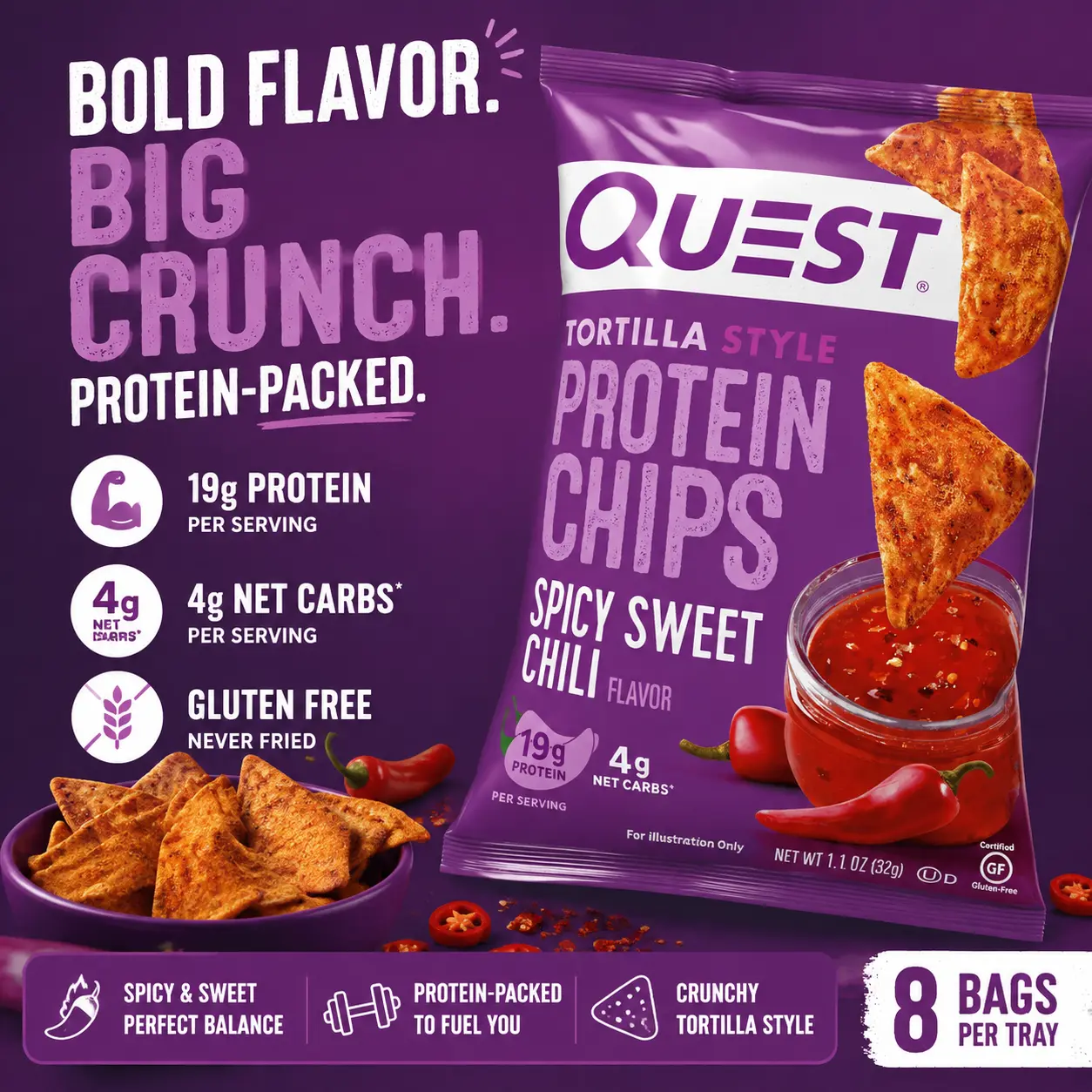 Quest Protein Chips Spicy Sweet Chili 1.1 oz 8 Count ️ High Protein Tortilla Style Chips | Sweet & Spicy Savory Snack