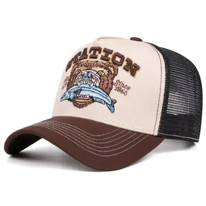 New American Retro Bear Head Print Baseball Cap Unisex Breathable Mesh Contrast Color Trucker Hat