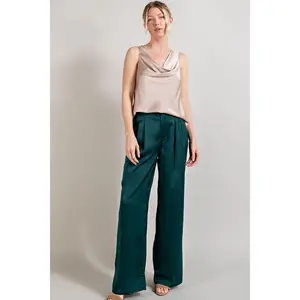 High Waist Dark Teal Straight Leg Satin Pleated Pants