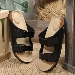 Women's Open Toe Cork Footbed Slides Adjustable Buckled Slip on Slippers Softy Flat Sandals Springfresh
