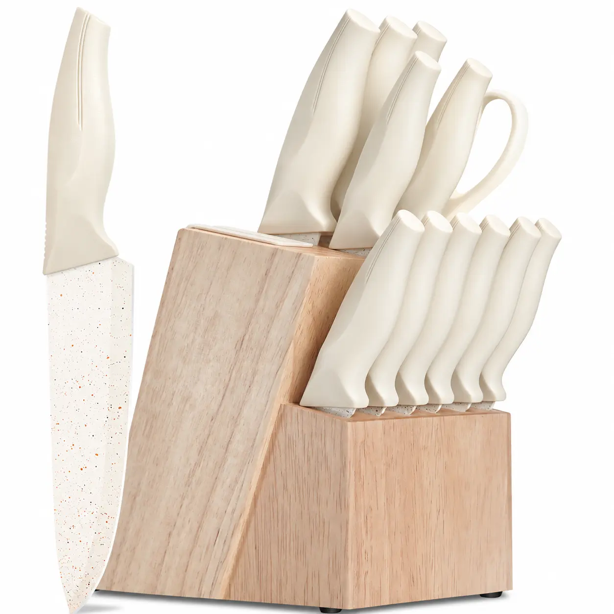 14-Piece Self-Sharpening Stainless Steel Cutting Knives Set with Rectangular Block, Built-In Sharpener, ABS Anti-Slip Ergonomic Handles, Dishwasher-Safe Cream Knives, Kitchen Organization Countertop Storage Solution for Slicing