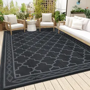 GARVEE Outdoor Rug 8x10 Patio Waterproof Foldable Reversible Plastic Straw Area Rug Mat for Camper Decor, Outdoor Carpet for RV, Deck, Porch, Picnic, Beach, Balcony in Black/Grey