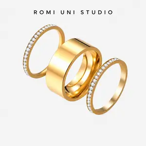 Romi Uni 2-Pack Golden Plated Stacking Rings for Oura Gen 4/Oura Gen , Cubic Zirconia Oura Ring Stack for WomenSmooth edged diamond ring, simple and luxurious, titanium steel metal plated wide version ins style hand jewelry