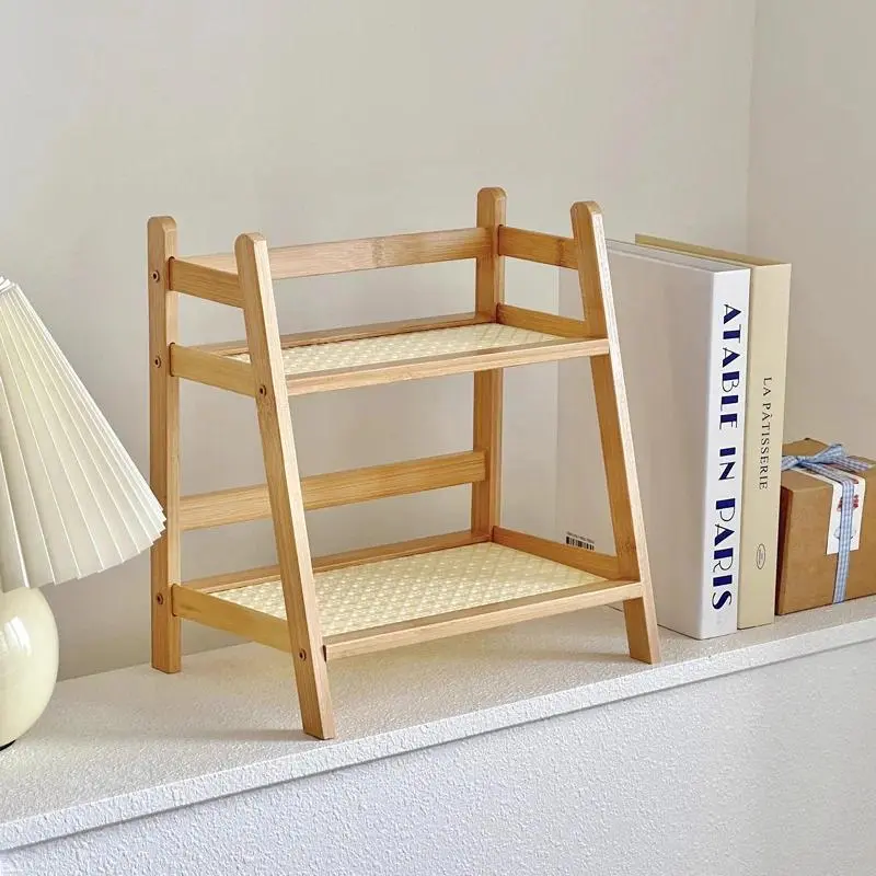 2-Layer Durable Corrosion-Resistant Cream Rattan Wood Bookshelf - Wall Mounted Organizer, Adjustable Counter-Top Storage for Kitchen Cups, Office Supplies | Farmhouse Boho Home Organizer