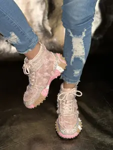 Women's Fashion Flat Casual Shoes, Rhinestone Embellished High Top Lace-Up, Textile Upper, Rubber Sole, All Seasons, Elegant Style