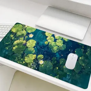 Water Lily & Pond Pattern Mouse Pad, Rectangle Gaming Mouse Pad, Non-Slip Rubber Base Stitched Edge Desk Pad for Desk Laptop Desktop, Office Desk Accessories