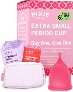 Pixie Menstrual Cup - No Metals or Toxins - Ranked 1 for The Most Soft Reusable Period Cup - Wear 12 Hours - 100% Medical-Grade Silicone - Tampon Alternative - Buy One We Give One - (Extra Small, Pink)