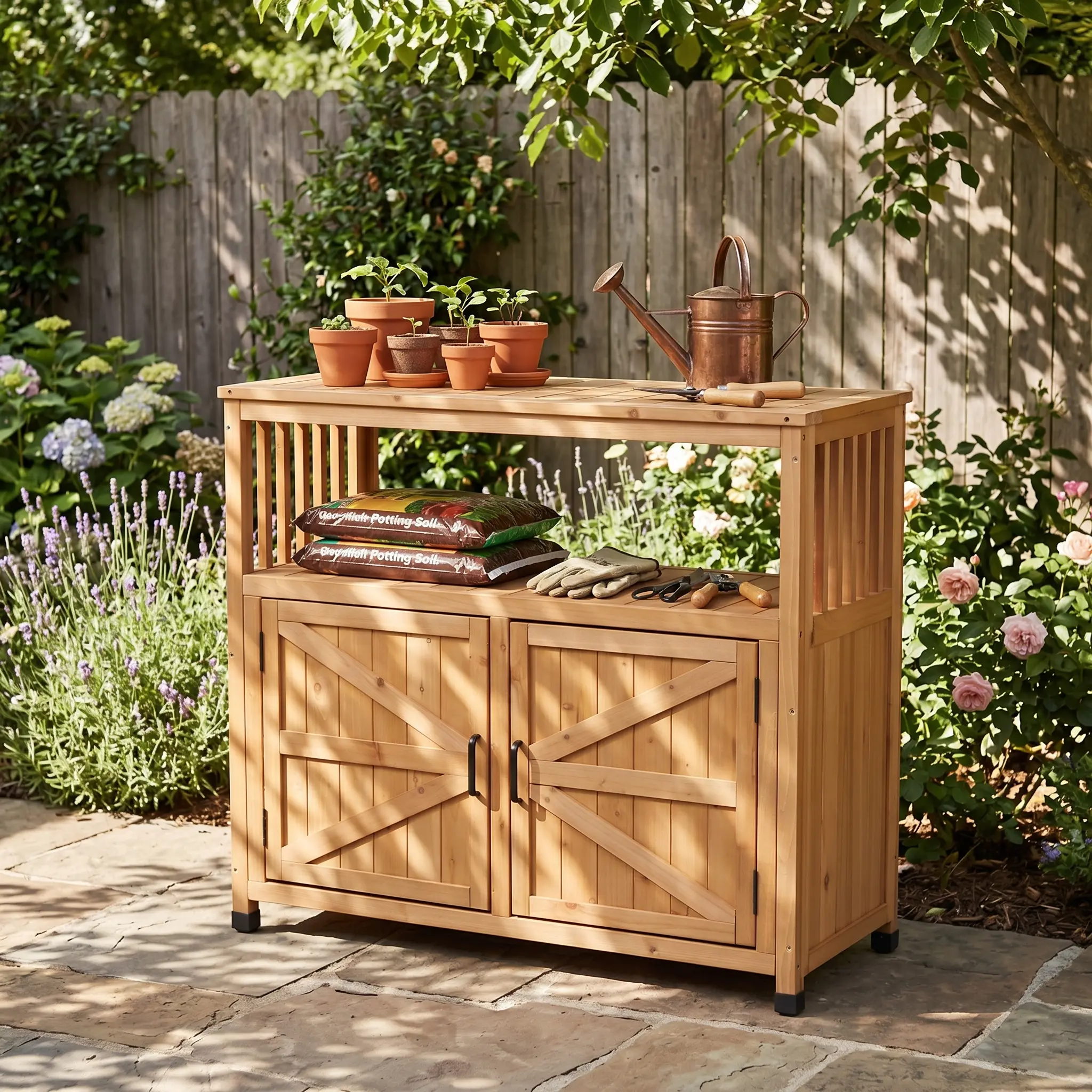 Wooden Patio Bar Table Set with Storage, Buffet Cabinet Sideboard for Outdoor and Indoor