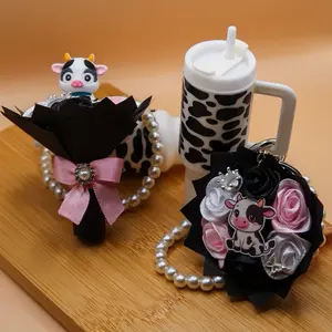 Cute Cow Mini Bouquet Gift Handmade Kawaii Rose Bouquet with Pearl & Ribbon Charm Decor Cow Print Keychain for Her