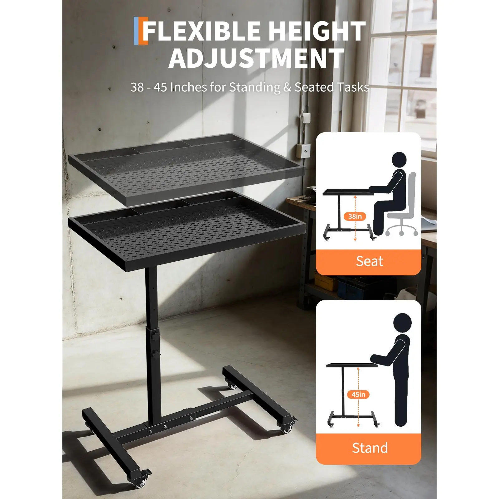 Adjustable Height Steel Rolling Workbench, Heavy Duty Mobile Table with Tool Tray and Locking Casters, Garage and Repair Shop Mechanic Station