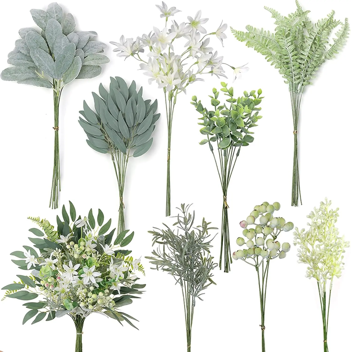 Pack of 70 Artificial Greenery Stems Box Set, 8 Kinds of Faux Plants and Fake Flowers for DIY Bridal Bouquets Wedding Floral Arrangement Table Centerpieces Decoration (Sage Green & White)