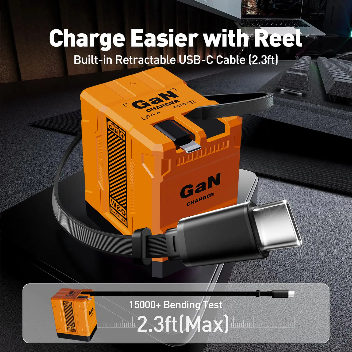 W&O 2-in-1 GaN Fast Charger Compatible with 120W | Retractable Type-C & Lightning Cables | Foldable Adapter for iPhone, iPad, MacBook & More