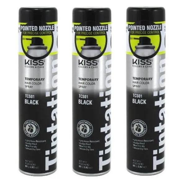 KISS Tintation Temporary Hair Color Spray, Korean-Made Quick-Drying Jet Black Dye for Dyeing Hair, Washable, 3-Pack (TCS01), Spray Then Dry, Washes Out Fast, 3 Cans