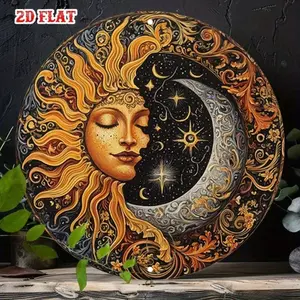 Vintage Aluminum Wall Art Handcrafted Sun and Moon Ornate Celestial Hanging 2D Flat Panel Decor for Living Room Bedroom