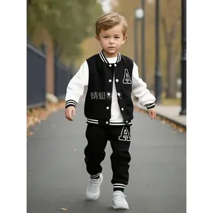 NewEuropean And American Baby Boy Autumn And Winter Baseball Jacket with Letter A Print on It + Letter A Print Long Pants Two-Piece Set, Perfect for Outdoor(Gift)11