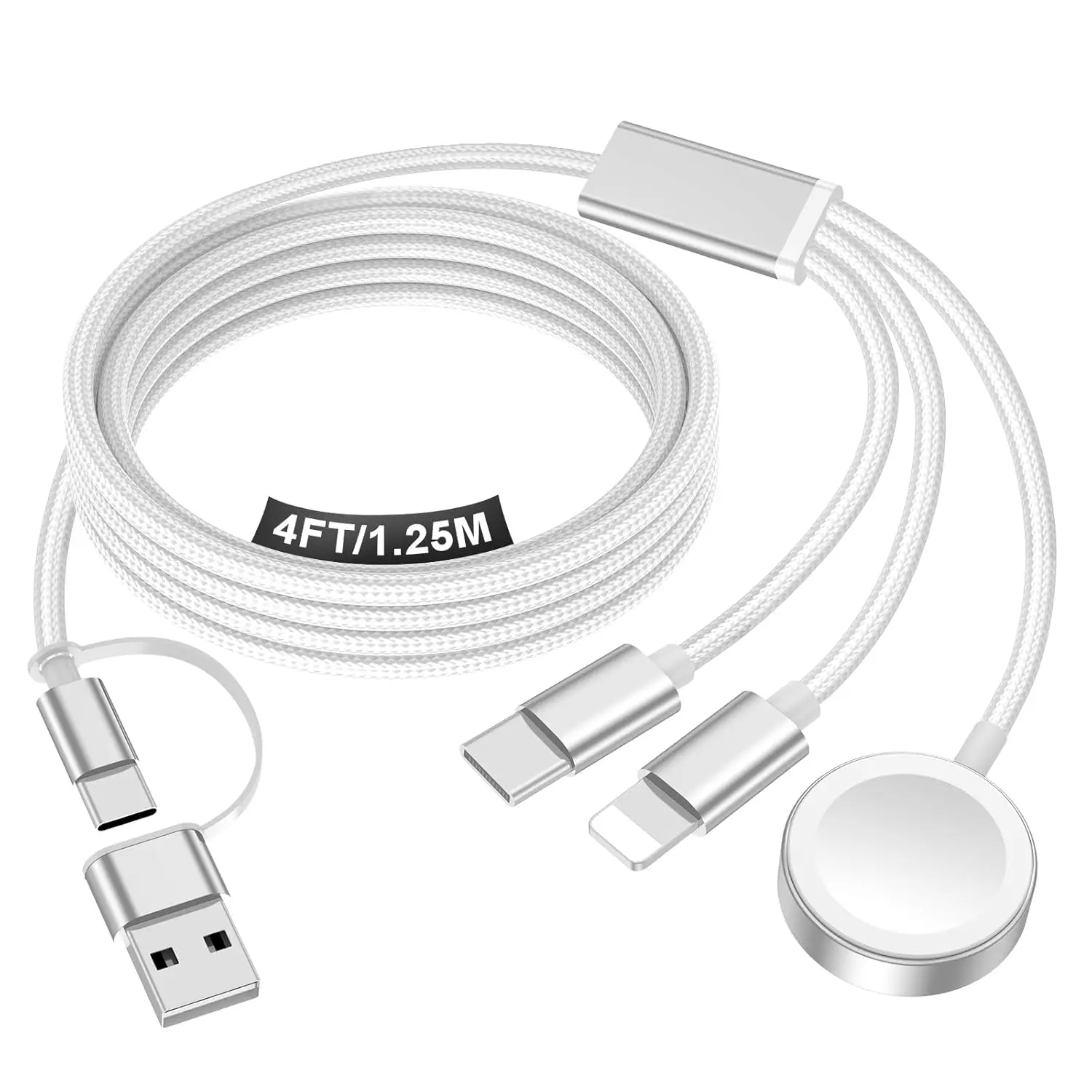 3-in-2 USB-C/Lightning Magnetic Travel Charging Cable, 4FT Portable Multi-Device Cord for iPhone 17/16/15/14/13/12/11 Series, Apple Watch, Samsung Phones & Camera