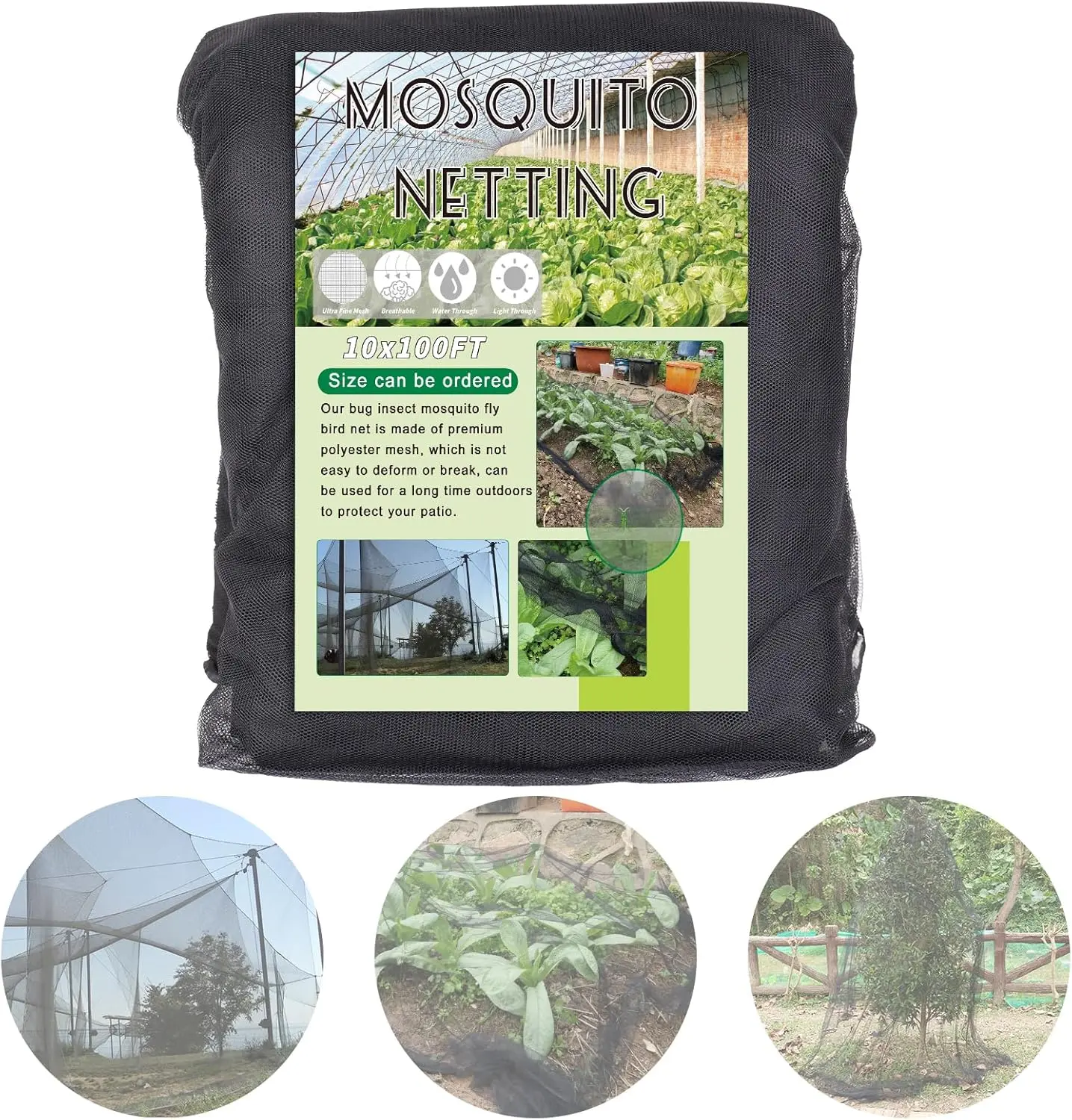 Black Mosquito Netting 10x100Ft DIY Garden Mesh Netting, Bug Insect Cover Fly Bird Net, Animals Barrier Plant Vegetables Protection Cover, Heavy Duty Net for Balconies Patio Raised Bed Screen