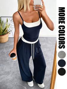 two-piece set women's solid 2 in 1 tank top & high waist wide leg pants set, casual sleeveless top & pants for outdoor sports, ladies summer clothes