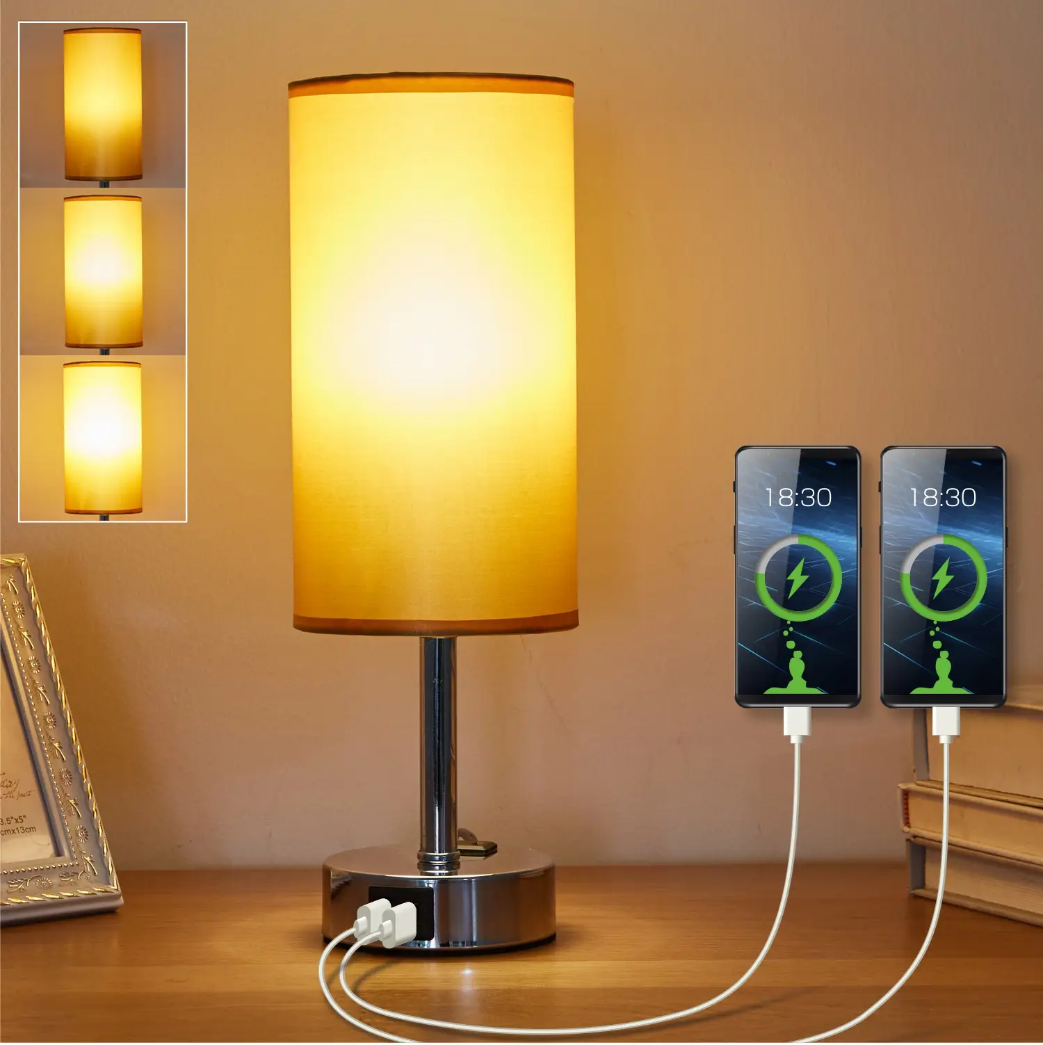 Cylinder Touch Lamp, Dimmable USB Lamp Include One LED Bulb, Fabric Shade Lamp Built in 1 USB 1 Type C Ports & 1AC Outlet, Bedside Lamp Idea for Bedro