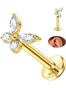 16G Flat Back Earrings G23 Titanium Cartilage Earrings for Women Tragus Piercing Jewelry Internally Threaded Flat Back Stud Earrings Labret Helix Conch Piercing Jewelry High Quality Jewelry