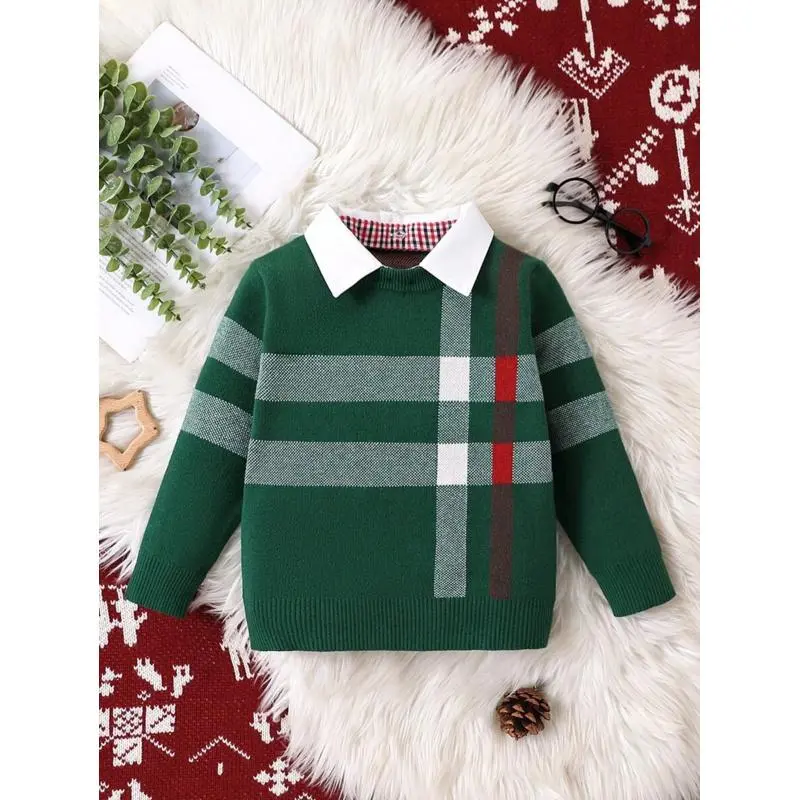 Boys' Christmas Geometric Knitted Sweater, Viscose Blend, Regular Fit, Daily Wear Casual Top, Geometric Sweater