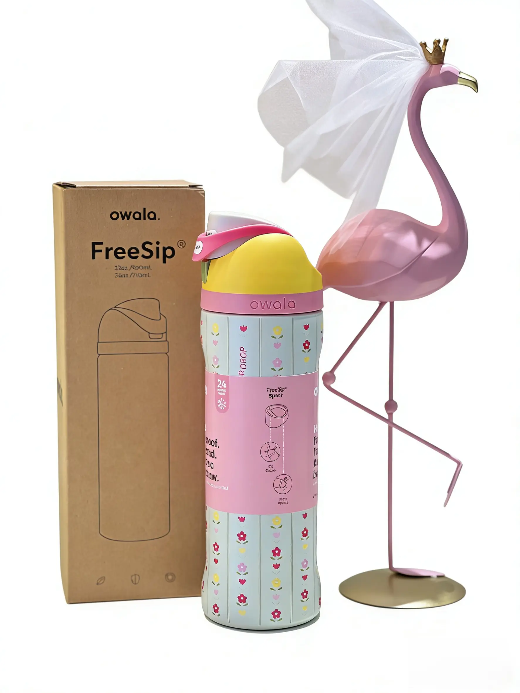Owala 24oz Stainless Steel Floral Pattern Insulated Travel Thermal Cup - Portable Vacuum Flask Tumbler, Waterproof Drinkware for Teachers on Birthday, Thanksgiving (500-1000ml)