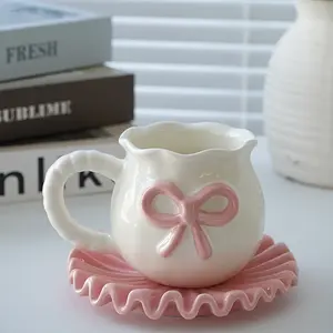 Creative Butterfly Knot Design Ceramic Cup and Saucer Set, Japanese Retro Thick Coffee Mug, Office Latte Set, Beverage Cup Set, Birthday Gift, Festival Gift