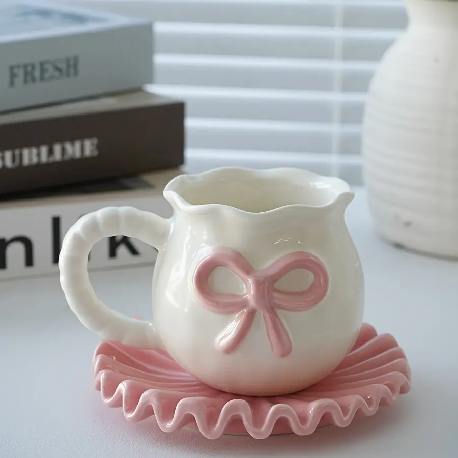 Creative Butterfly Knot Design Ceramic Cup and Saucer Set, Japanese Retro Thick Coffee Mug, Fun Ceramic Mug, Office Latte Set, Beverage Cup Set, Birthday Gift, Festival Gift