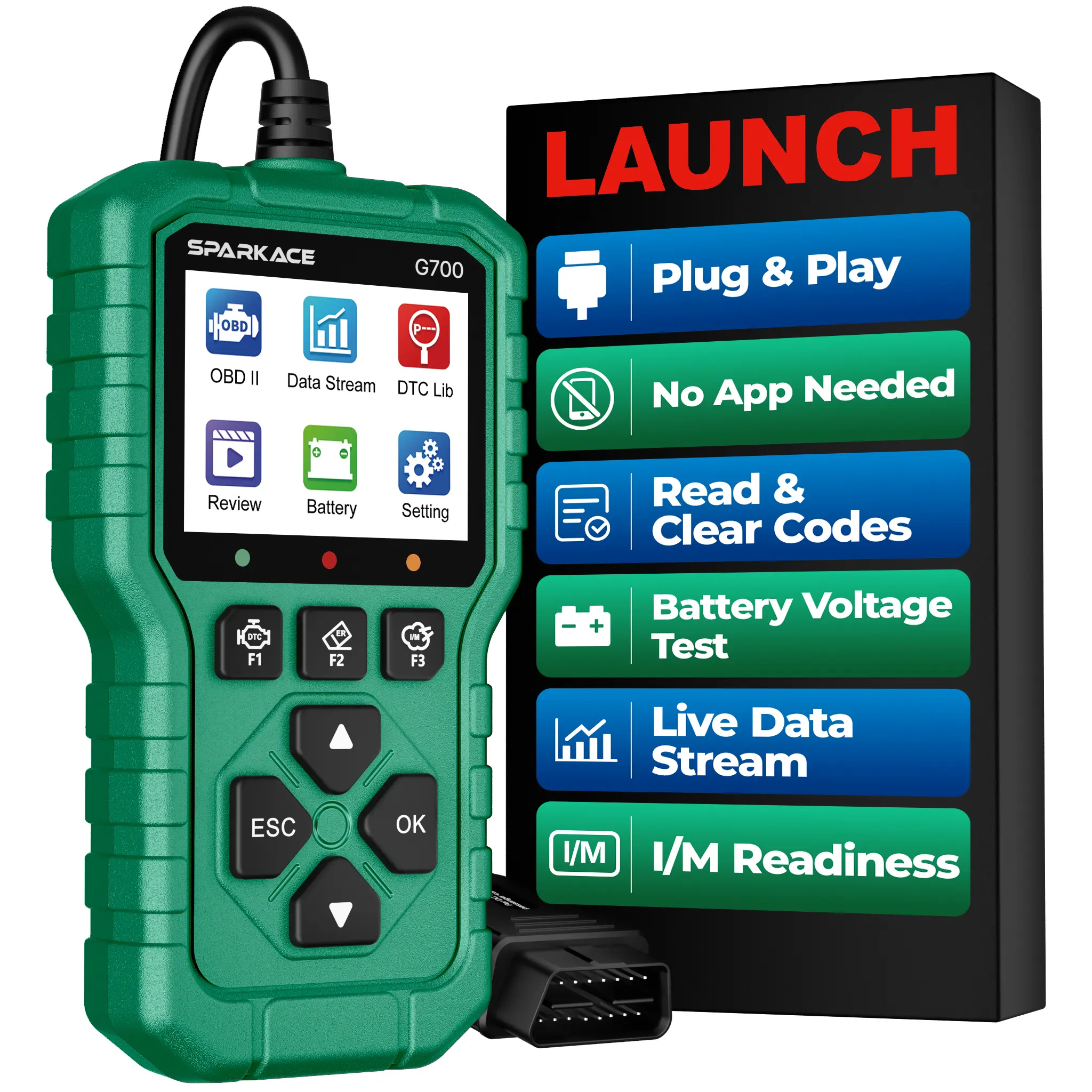 LAUNCH SPARKACE G700 Handheld Compact OBD2 Scanner, Plug & Play Engine Scan Tool, Code Reading Device with Erase Codes, Live Data, Vehicle Battery Voltage Monitor, I/M Readiness & 35901+ DTC Library, No App Required