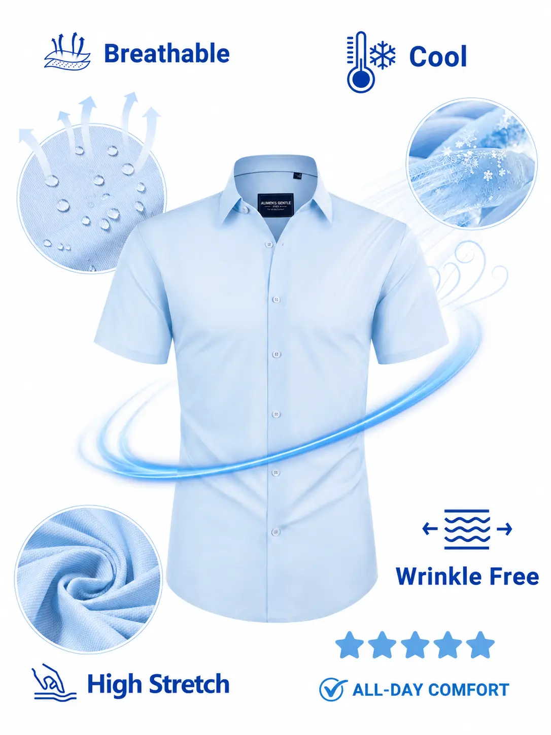 Alimens&Gentle Men's Mulberry Silk Stretchy Short Sleeve Shirt Cool Touch Breathable Lightweight Multi-Texture Casual Top