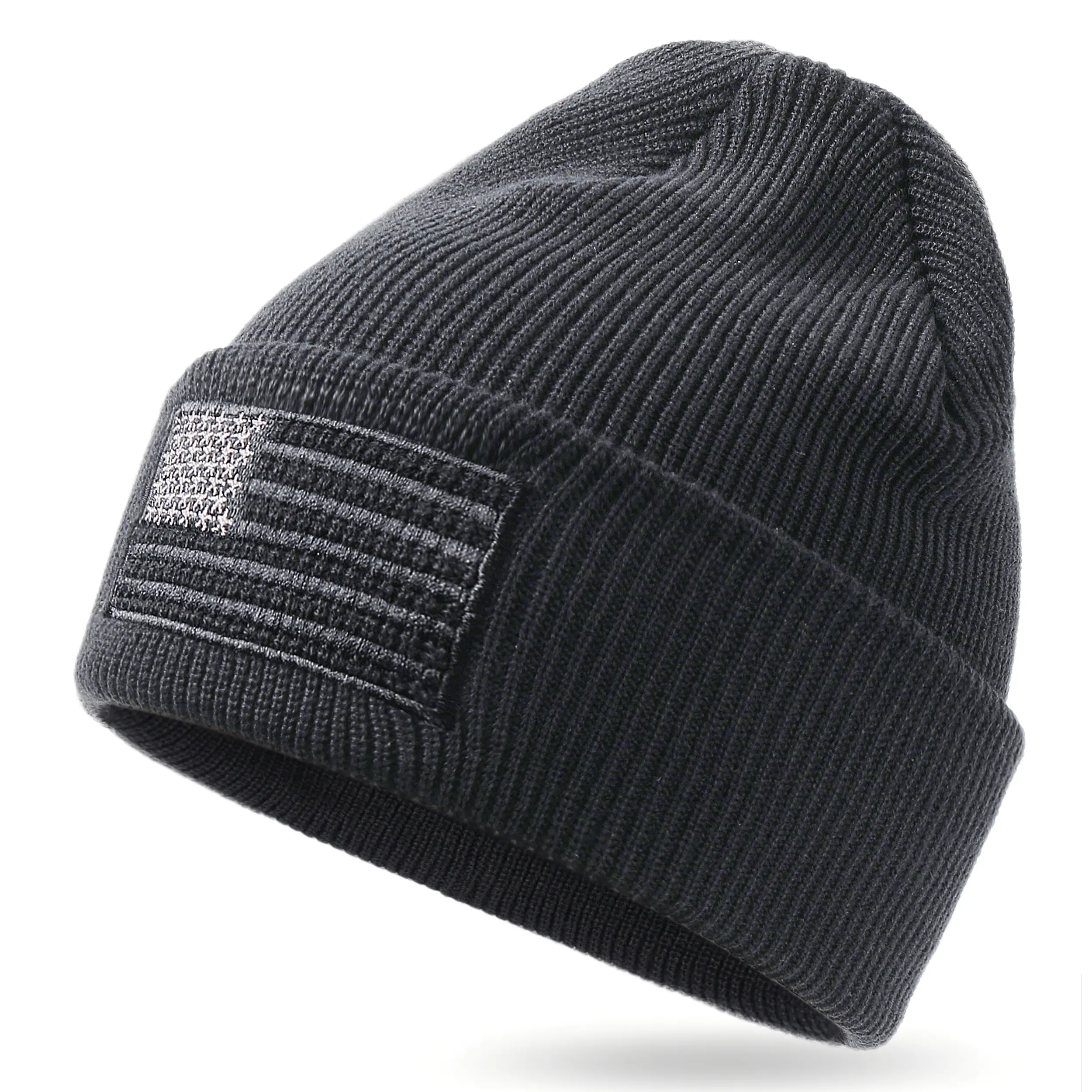 OUTDOOR SHAPING American Flag Embroidered Acrylic Knit Cuffed Beanie - Mens Hats, Unisex Keep Warm Tactical Satin Lined Slouchy Streetwear Hat for Outdoor Sports, Gifts, Acrylic Knit Hats