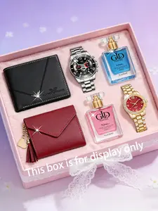 6pcs Fashion Business Casual Couple Watch Set + Glasses + Perfume, Perfect Gift for Him, Valentine's Day Christmas Thanksgiving