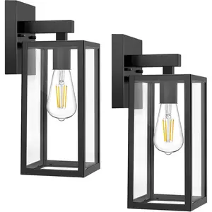 Outdoor Wall Sconce, Exterior Waterproof Wall Lantern Light Fixtures, Black Porch Lights with Toughened Glass Shade, Anti-Rust E26 Socket Front Door Mount Lighting, 2 Pack