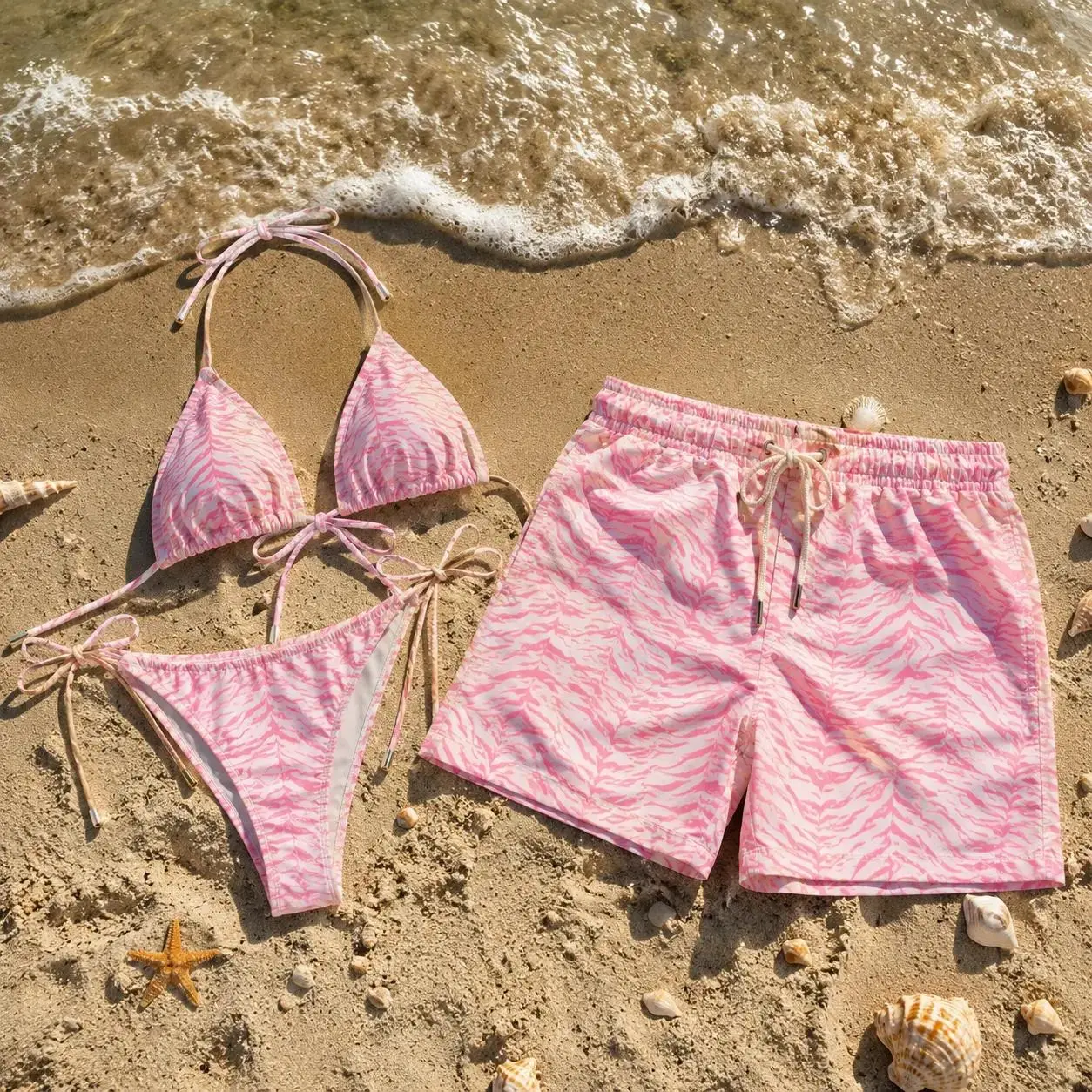 Pink Zebra Print Bikini Set & Men’s Swim Shorts – Matching Couple Beachwear, Y2K Aesthetic Summer Swim Outfit, Sexy Tie-Side Bikini Vacation Look