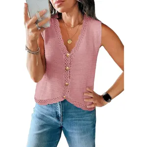 【Summervibes】Saodimallsu Womens Sleeveless V Neck Sweater Vest Cropped Button Down Casual Loose Knit Summer Going Out Tops for Valentine's Day Collection Fashion Womenswear Beach Chic Elegant Elegant Everyday Outfits Spring Vneck Basic Minimalist