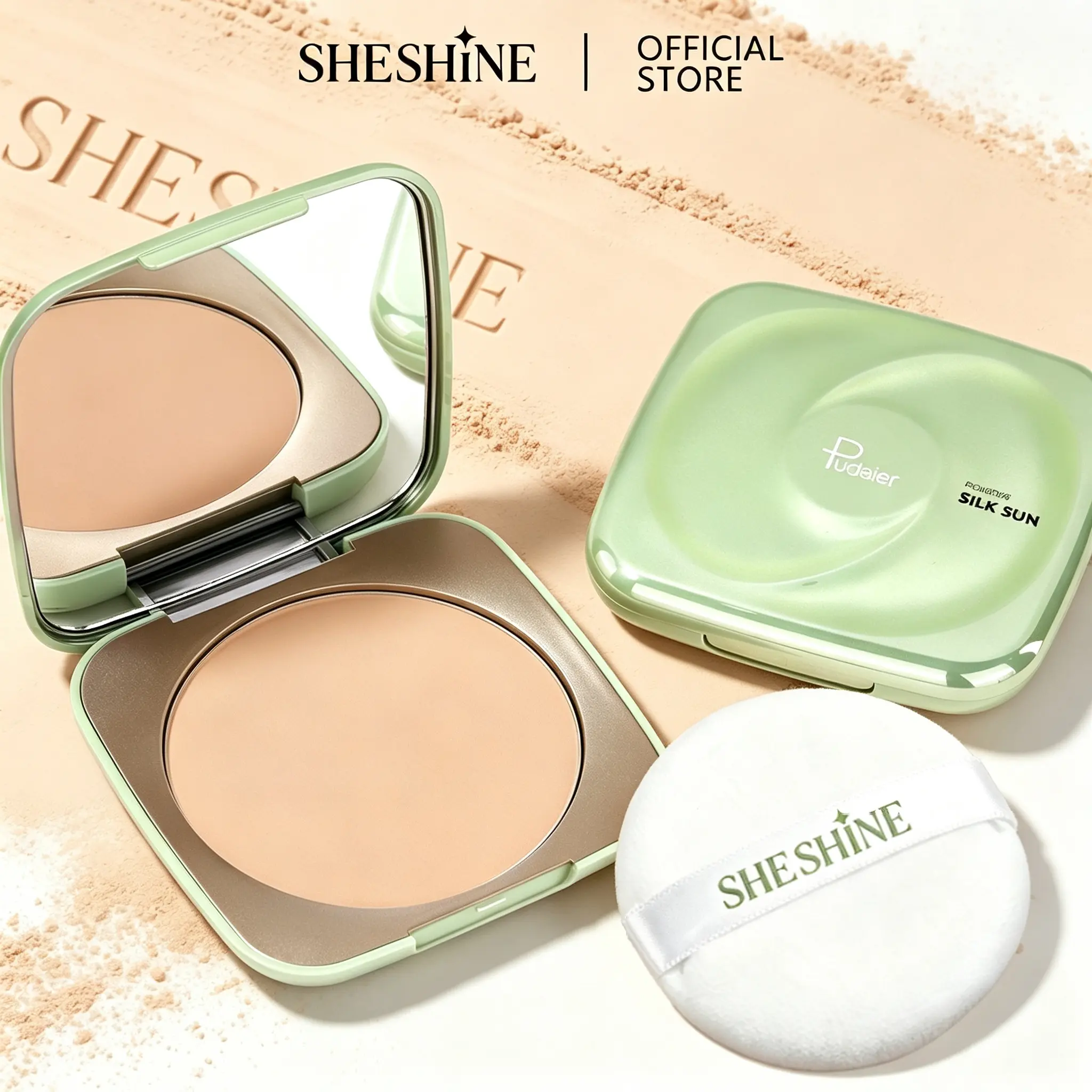 【A】SHESHINE Polva Compacta Pudaier Silk Sun, Alta Cobertura, Control de Grasa 12 Horas, Impermeable, Maquillaje Mate para Todo Tipo de Piel, 8 Tonos Disponibles