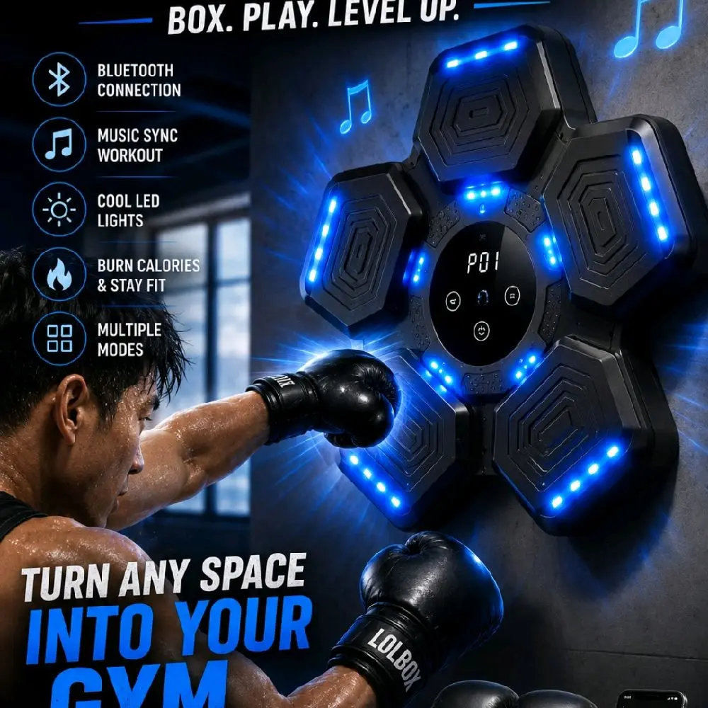 LOLBOX Music Boxing Machine Bluetooth Smart with Gloves Included Wall-Mounted Punch Trainer for Adults Kids Home Office Gym Workout Essential Blue LED Lights