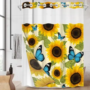 1pc hookless shower curtain with buckle lining, spring yellow and blue sunflower butterfly design 2D flat print, fabric waterproof lining shower curtain with see-through window double layer shower curtain, 71 x 74 inches, modern home curtain decoration.