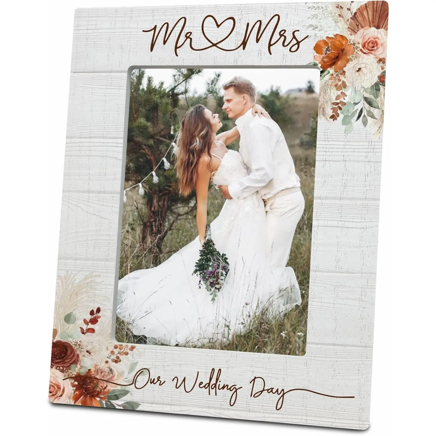 Floral Wedding Picture Frame For 4 x 6 Photos - Our Wedding Day Wooden Photo Frame - Engagement Gifts For Couples Newlyweds -Wedding room decoration, Home Decor (Vertical)- C06
