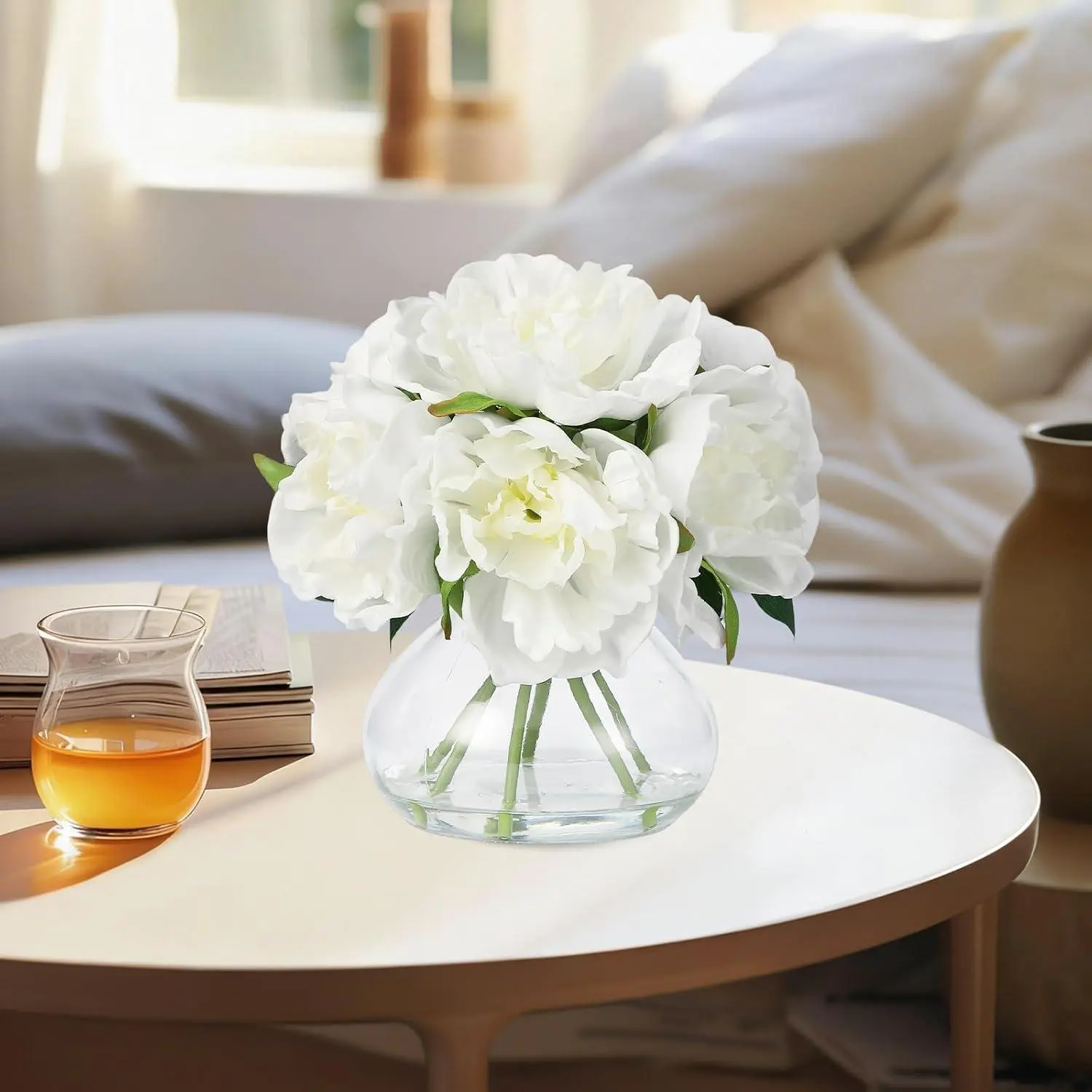Gaomon Faux Silk Peony Bouquet Artificial Flowers with Glass Vase Set, Lifelike-Touch No-Maintenance Decorative Florals, Home Table Centerpieces, Wedding Gift, Artificial Artificial Flowers