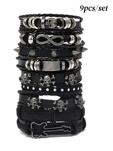 Men's Punk Style Skull Rivet Stackable Bracelet Set, PU Leather Handmade Jewelry, All-Season Accessory, Durable & Trendy Design