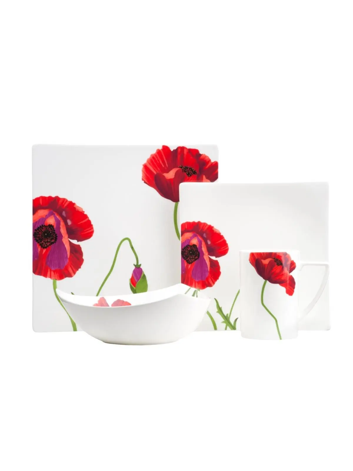 212 MAIN Stylish Stackable Square Ceramic Tableware Set - Red & White Floral Bone China, 6-Piece Dinner Plates, Service for 6 (Item 483515)