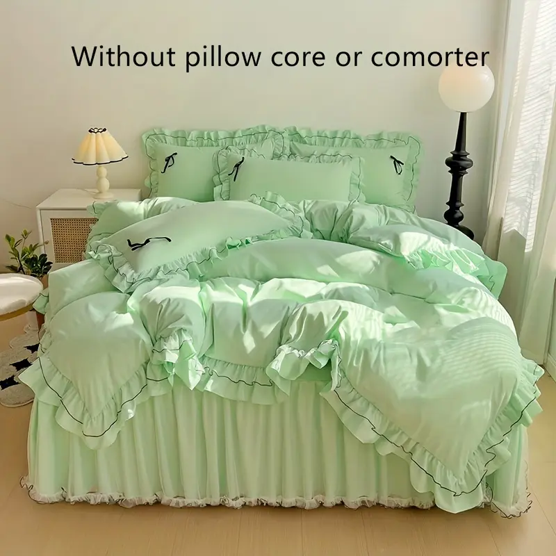 4-Piece Polyester Luxury Lace Trim Duvet Cover Set - All Season Bedding with Zip Closure, Fitted Sheet, Pillowcases, Bed Skirt - Hypoallergenic 3D Effect Linens for Bedroom Bedding Decor, 3D Effect Duvet Cover Sets