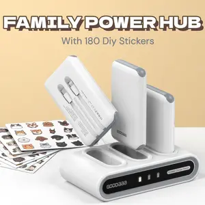 GOODaaa Family Power Hub with 180 DIY Stickers Home Power Bank 3-Pack 10000mAh Portable Charger Built-in Cables for All Mobile Devices USB Type-C Input Output for Home Office Travel