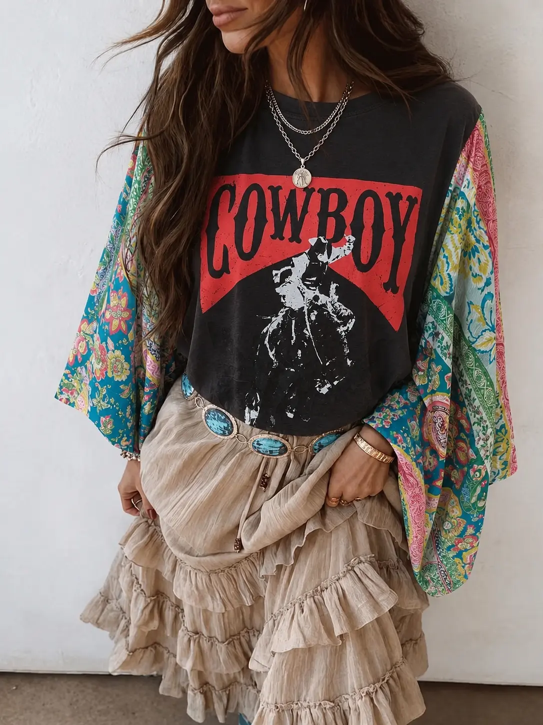 Chic Petal Women's Cowboy Graphic Top, Colorful Batwing Sleeve Blouse, Casual Boho Loose Fit Shirt, Vintage Inspired Statement Tee
