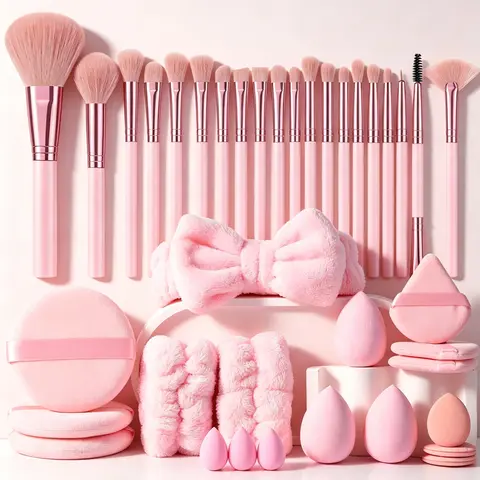 Women's Mini Flawless Smoothing Makeup Tools Compact Gift Set - Setting Powder Puff Kit with Brushes, Triangle Puffs, Hairband, Bowl Straps, Brush Cleaner, Cleansing Sponges, Mini Useful Gifts for On-the-Go Use & Even Application