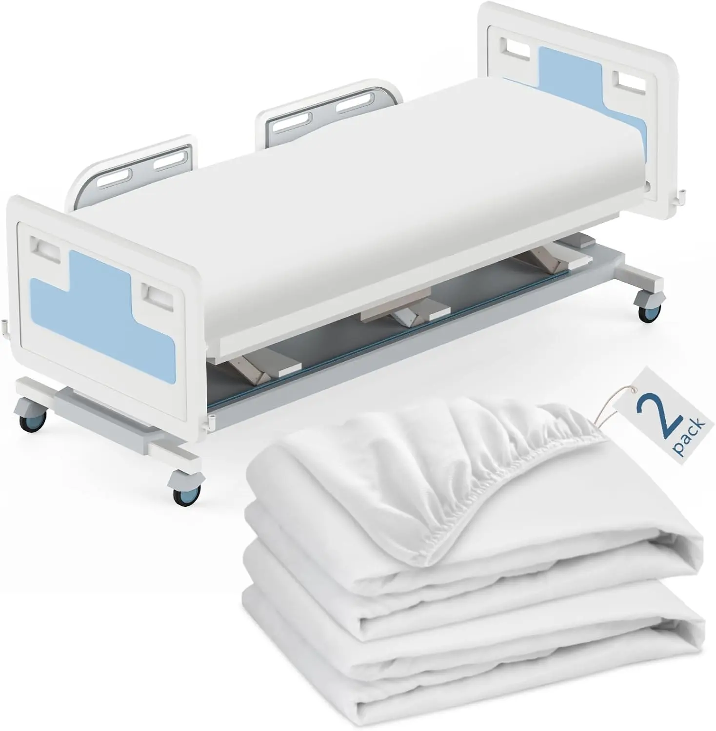 2-Pack Hospital Bed Fitted Sheets, 36x84x9 in, Soft with Elastic All Around, Suitable for Home & Hospital Care Beds, White, 36X84 In, Soft Elastic